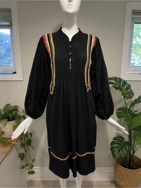 THE GREAT. Adobe Embroidered Cotton Dress Black Size 1 Boho Prairie Midi